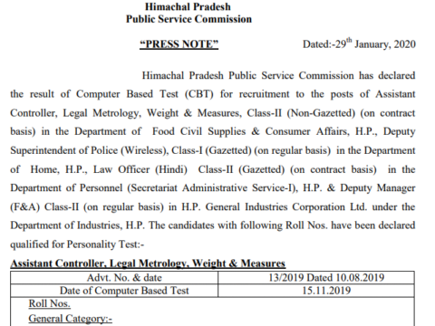 HPPSC declared written test for the posts of Assistant Controller, Legal Metrology, Weight & Measures,