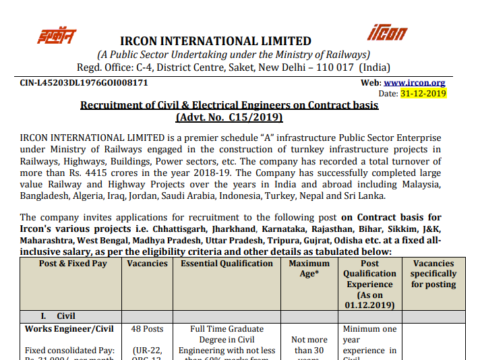 IRCON INTERNATIONAL LIMITED में विभिन्न पदों पर भर्ती Recruitment of Civil & Electrical Engineers