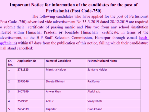 HPSSC Important Notice for information of the candidates for the post of Perfusionist (Post Code-750)