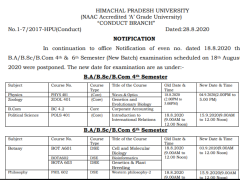 HPU Datesheet of B.A/B.Sc./B.Com. 2nd, 4th and 6th Semester (New Batch) paper which was earlier scheduled on 18.08.2020 and postponed