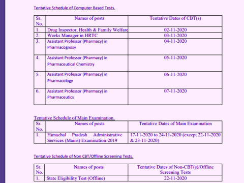 Himachal Pradesh HPPSC Press Note - Regarding Tentative Schedule of Various Examination.