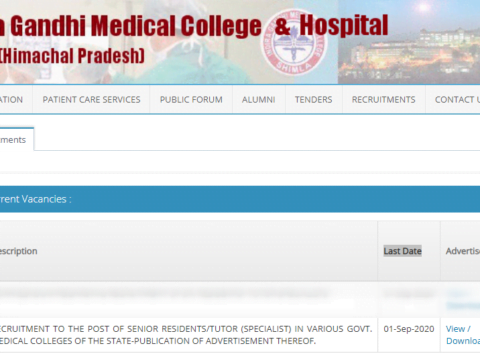 IGMC Shimla RECRUITMENT TO THE POST OF SENIOR RESIDENTS/TUTOR (SPECIALIST) IN VARIOUS GOVT. MEDICAL COLLEGES