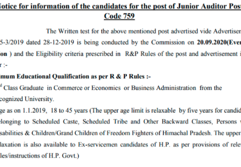 HPSSC Release Notice for information of the candidates for the post of Junior Auditor Post Code 759