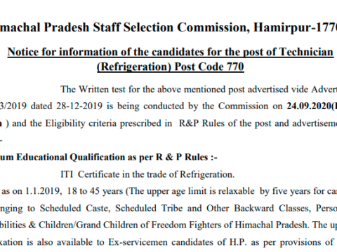 HPSSC Notice for information of the candidates for the post of Technician (Refrigeration) Post Code 770