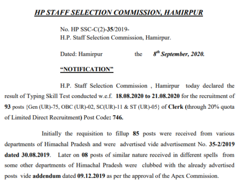 HPSSC Notification of result of Typing Skill Test for the post of Clerk (through 20% quota of Limited Direct Recruitment) Post Code: 746 (New) (Date: 08 Sep 2020)