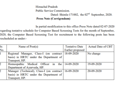 HPPSC Notification Regarding Computer-Based Screening Tests for various Examination for the month of September, 2020