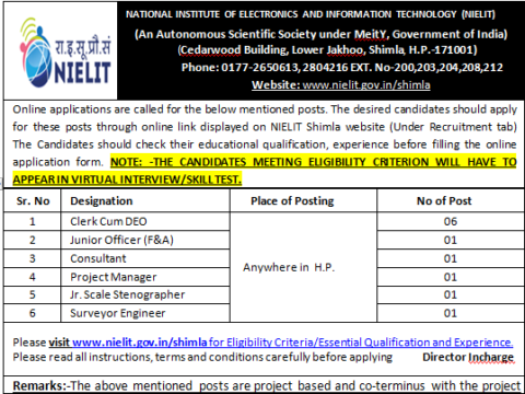 Nielit Shimla Recruitment 2020 |Online applications are called for Clerk Cum DEO,Junior Officer (F&A),Consultant,Project Manager,Jr. Scale Stenographer,Surveyor Enginee