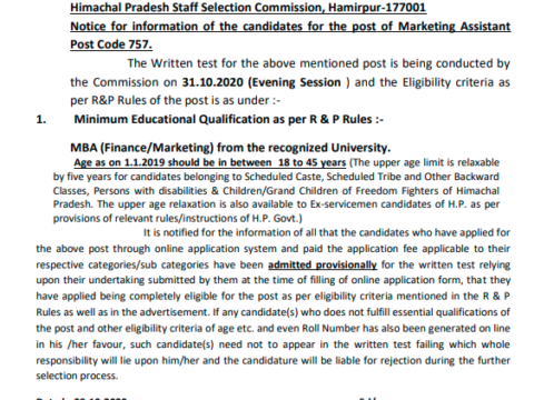 HPPSC Notice for information of the candidates for the post of Marketing Assistant Post Code 757