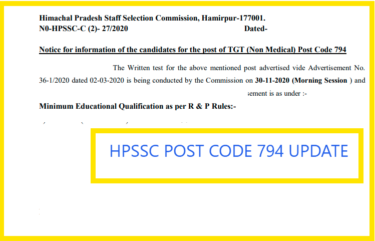 HPSSC Post Code 794 Notice for information of the candidates for the post of TGT (Non Medical)