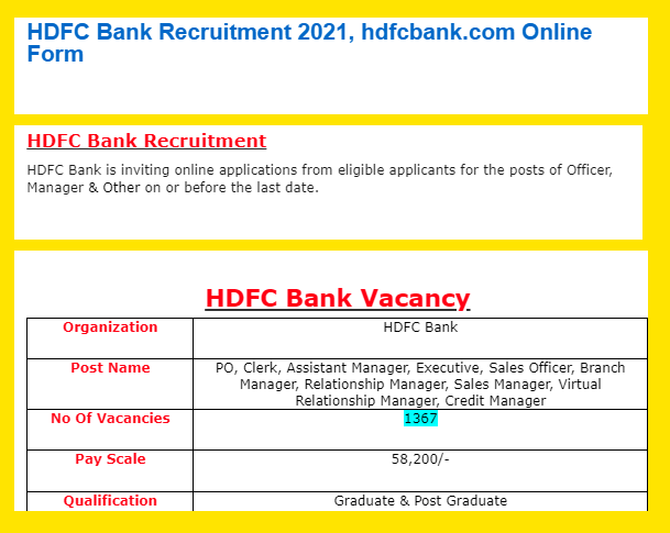 HDFC Bank Recruitment 2021, hdfcbank.com Online Form