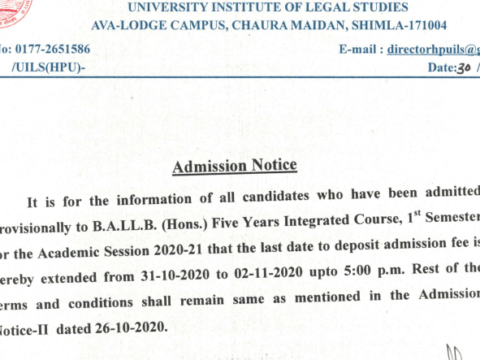 HPU Admission Notice last date to deposit admission fee is hereby extended from upto 5:00 p'm