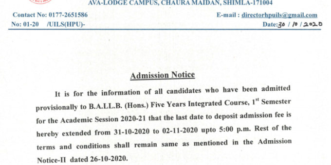 HPU Admission Notice last date to deposit admission fee is hereby extended from upto 5:00 p'm