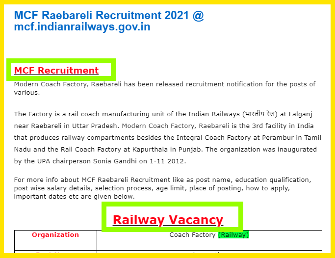 MCF Raebareli Recruitment 2021 @ mcf.indianrailways.gov.in