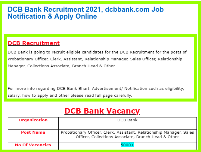 DCB Bank Recruitment 2021