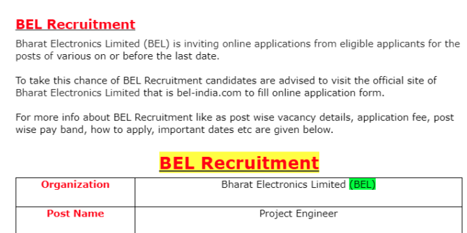 BEL Recruitment 2021, bel-india.com Apply Online Form