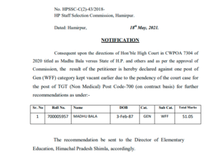 HPSSC final result for the Post of TGT (Non Medical) Post Code-700