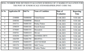 HPSSC : Roll Number wise evaluation schedule of 15 marks evaluation for the Post of Junior Scale Stenographer Post Code-764