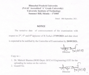 HPU Date Sheet Notice for 2nd, 4th and 6th Semester Examination of UIT, HPU