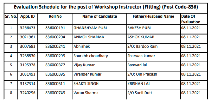 Roll Number wise Evaluation Schedule for the Post of Workshop Instructor (Fitting) Post Code 836