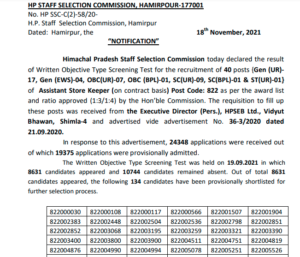 HPSSC Post Code 822 Result Assistant Store Keeper 2021