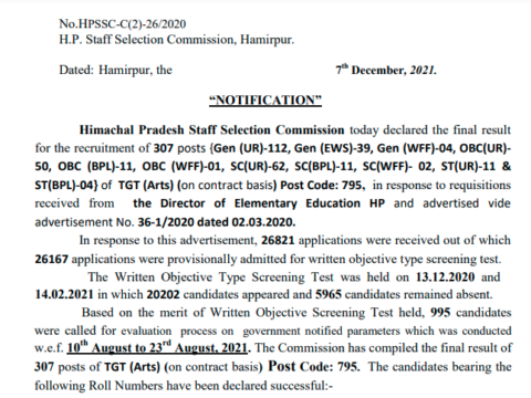 HPSSC Post Code 795 Final Result 2021
