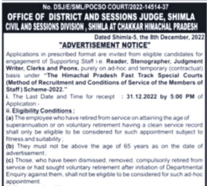 HP Shimla Peon, Clerk, Reader Recruitment 2022