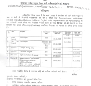 HPBOSE Notification Regarding Compartment,Improvement,Additional,Examination Fees(Term-II) March 2023