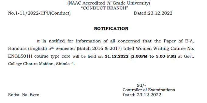 HPU Notification regarding one Paper of B.A. Honours (English) 5th Semester