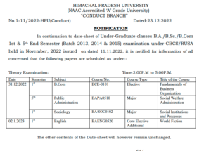 HPU Notification regarding four papers of B.A./B.Sc./B.Com 1st & 5th End-Semester