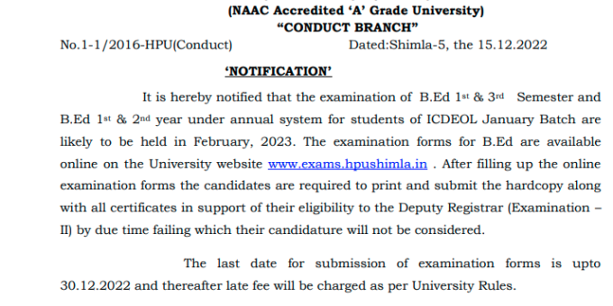 HPU Notification regarding submission of examination forms of B.Ed