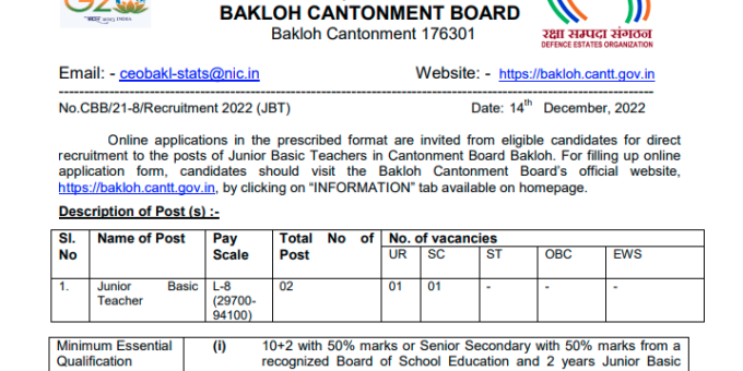 BAKLOH CANTONMENT BOARD JBT Recruitment 2023