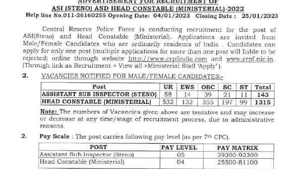 CRPF ASI (Stenographer) & HC (Ministerial) Recruitment 2023 – Apply Online for 1458 Posts