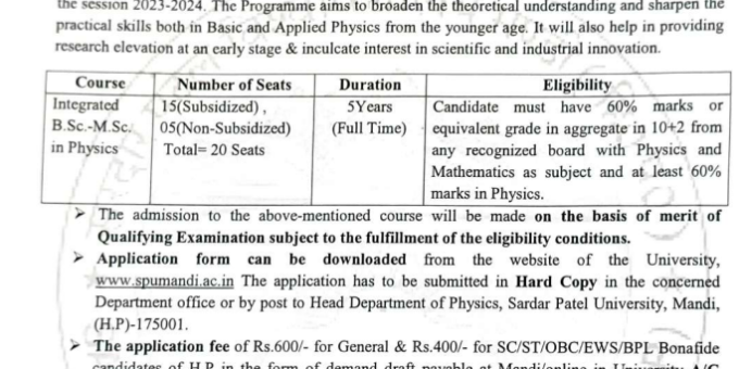 SPU Admission Notification for Integrated B.Sc. - M.Sc. in Physics
