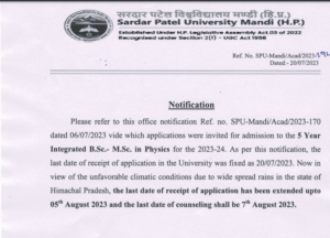 SPU Notification regarding admission to the 5 Year Integrated B.Sc. - M.Sc. in Physics in Academic Session 2023-24 at SPU Mandi