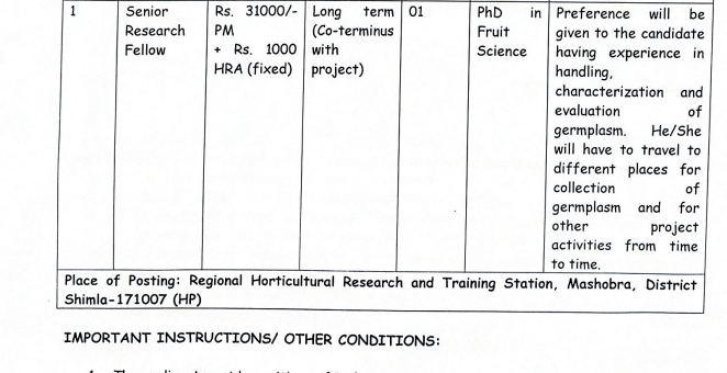 Himachal Pradesh Regional Horticulture Research & Training Station Mashobra (Shimla) SRF Recruitment 2023