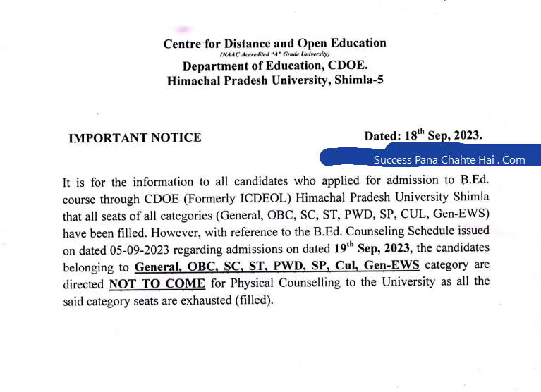 Important Notice regarding B.Ed. Counselling Schedul