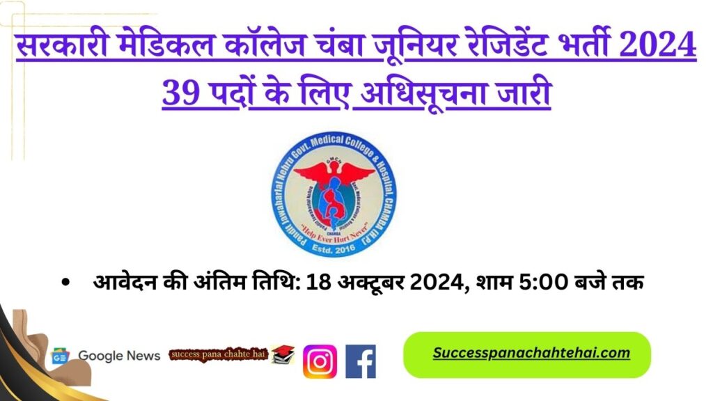 Govt Medical College Chamba Junior Resident Recruitment 2024
