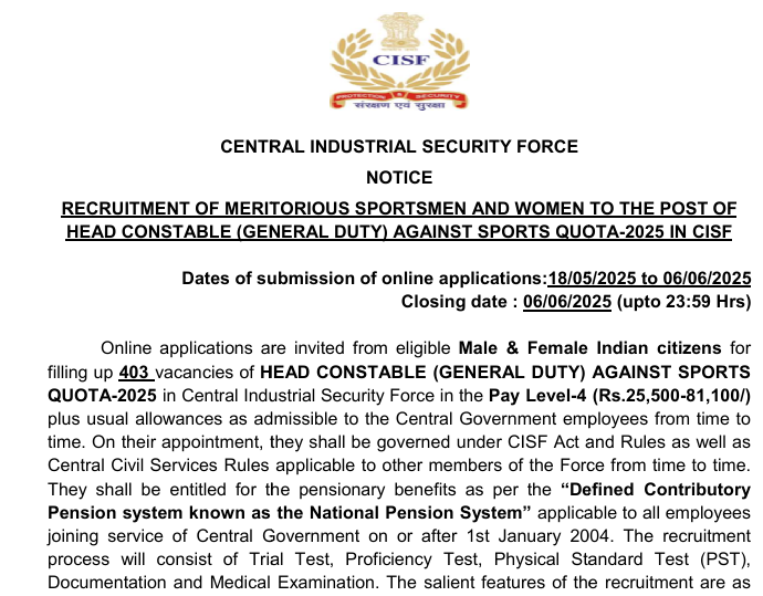 CISF Head Constable Recruitment 2025: Apply for 403 Posts