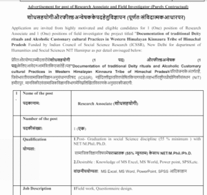 NIT Hamirpur Research Associate Bharti 2025
