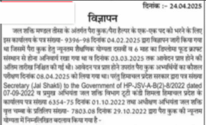 Jal Shakti Vibhag Tissa Recruitment 2025