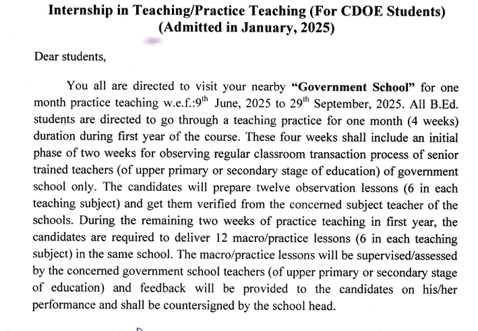 B.ED INTERSHIP IN TEACHING / PRACTICE TEACHING FOR CDOE STUDENTS