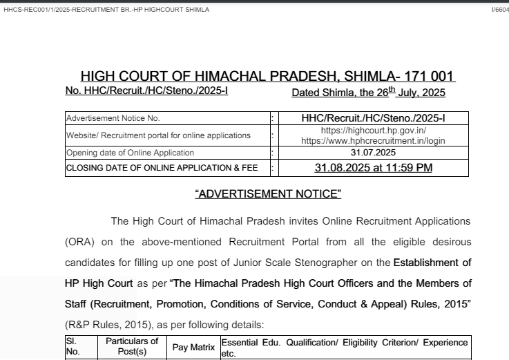 HP High Court (Shimla) Recruitment 2025