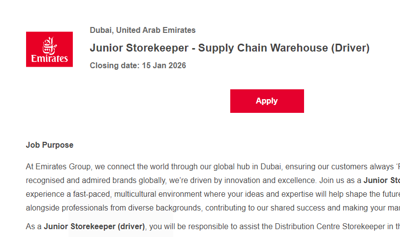 Junior Storekeeper - Supply Chain Warehouse (Driver) Dubai, United Arab Emirates